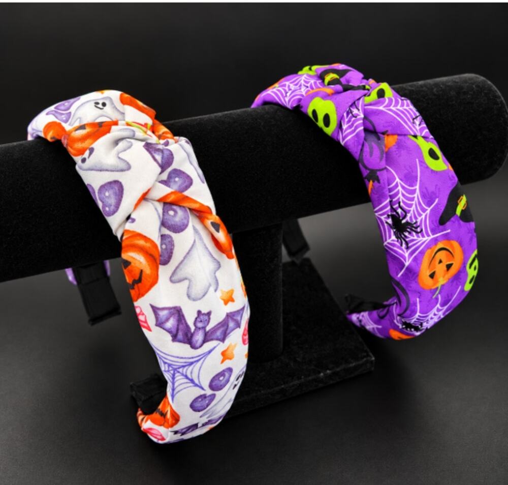 Pair of Halloween Knotted Fabric Headbands Purple & White Ghosts Witches Skulls